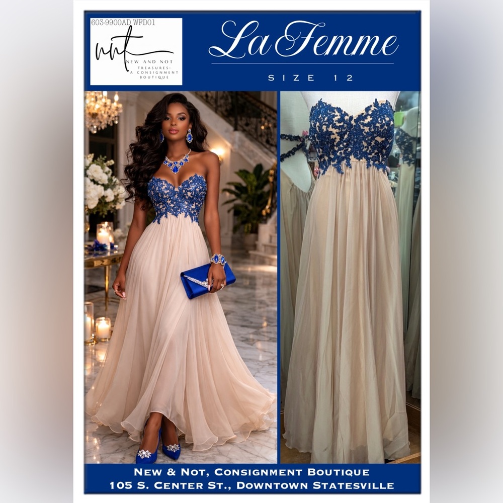 La Femme 20617 Champagne Blue Lace Strapless Open Back Formal Gown Size 12 Prom